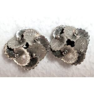 Vintage 1950s Silver Leaf & Flower Clip‑On Earrings Mid Century Retro Design